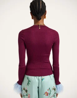 La DoubleJ Maglieria<V-Neck High Kick TopSolid Burgandy in Ribbed Silk Cashmere With Feathers