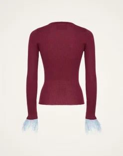 La DoubleJ Maglieria<V-Neck High Kick TopSolid Burgandy in Ribbed Silk Cashmere With Feathers
